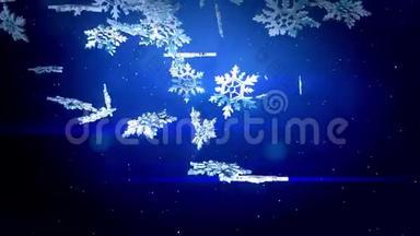 美丽的3D雪花在蓝色<strong>背景</strong>上空中飞舞。 用作圣诞节、<strong>新年贺卡</strong>或冬季主题或